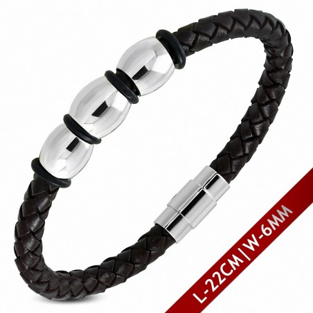 Bracelet en cuir noir tressé et fermeture magnétique 22 cm x 6 mm