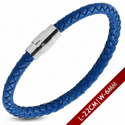 Bracelet en cuir bleu tressé avec fermeture magnétique 22 cm x 6 mm