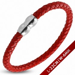 Bracelet en cuir rouge tressé avec fermeture magnétique 22 cm x 6 mm