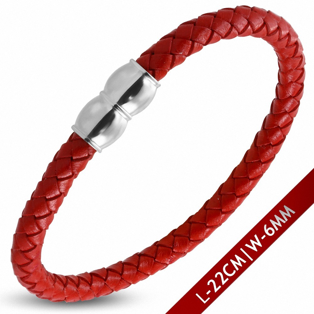 Bracelet en cuir rouge tressé avec fermeture magnétique 22 cm x 6 mm