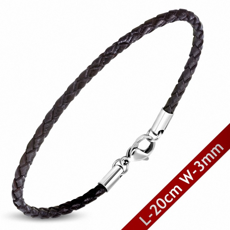 Bracelet en cuir marron tressé avec fermeture par pince 20 cm x 3 mm