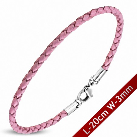 Bracelet en cuir rose tressé avec fermeture par pince 20 cm x 3 mm