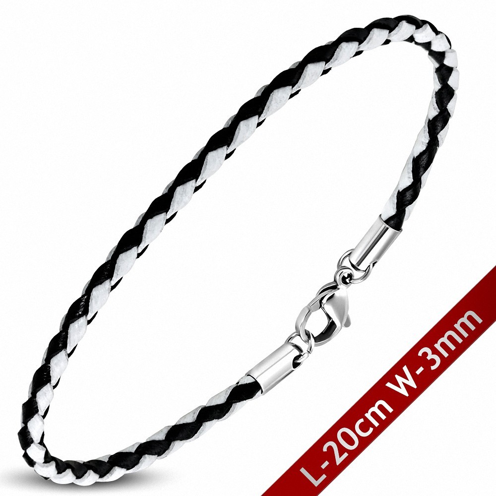 Bracelet en cuir tressé noir et blanc avec fermeture par pince 20 cm x 3 mm