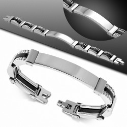 Bracelet homme type gourmette acier et caoutchouc noir 20 cm x 10 mm