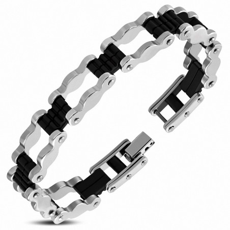 Bracelet homme acier liens géométriques caoutchouc noir 20 cm x 12 mm