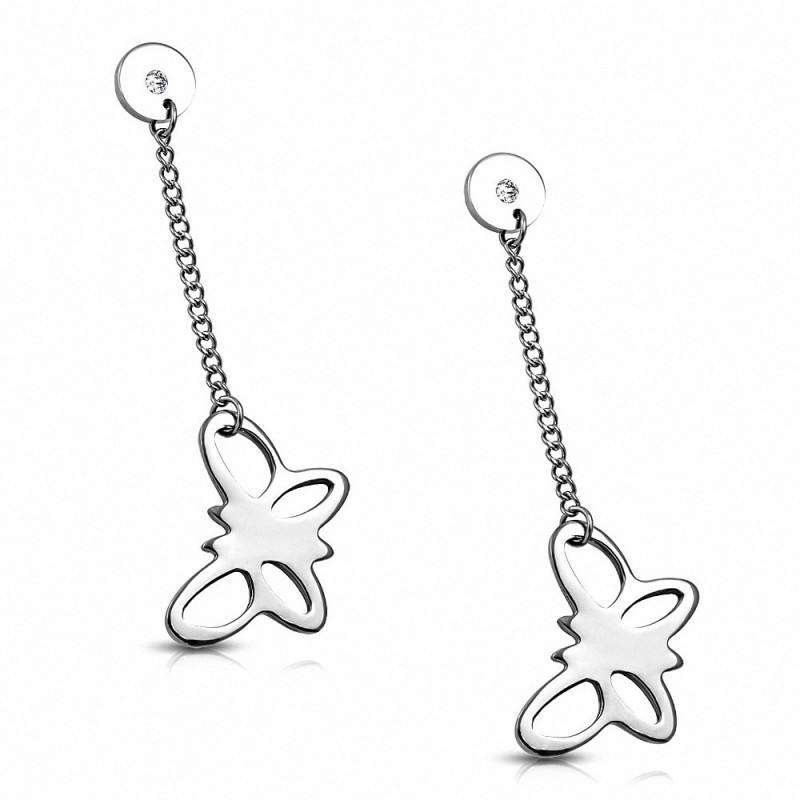 Paire de boucles d'oreilles clous en acier pendantes papillon