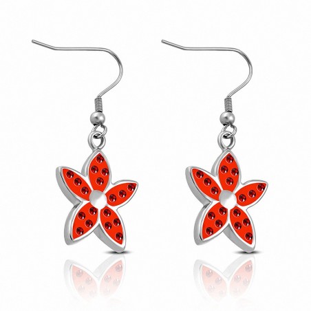 Paire de boucles d'oreilles pendantes fleur avec strass rouge