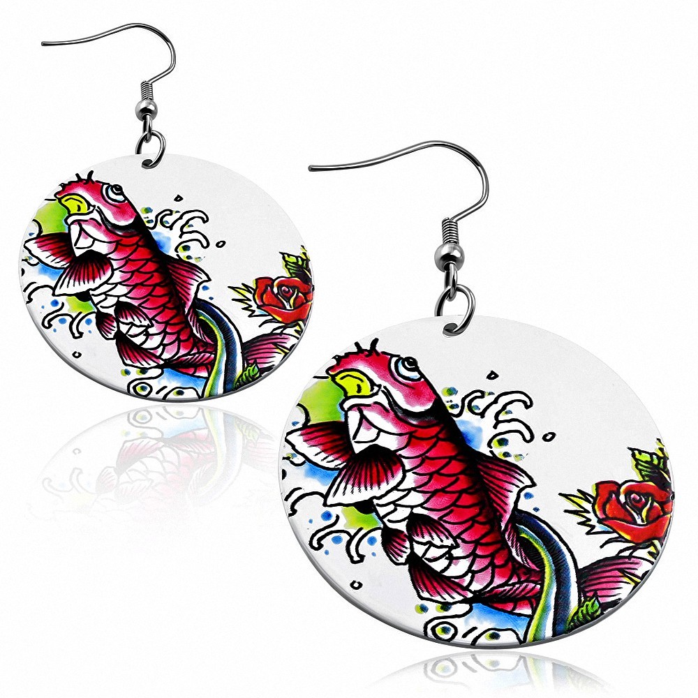 Paire de boucles d'oreilles pendantes disque motif peint poisson