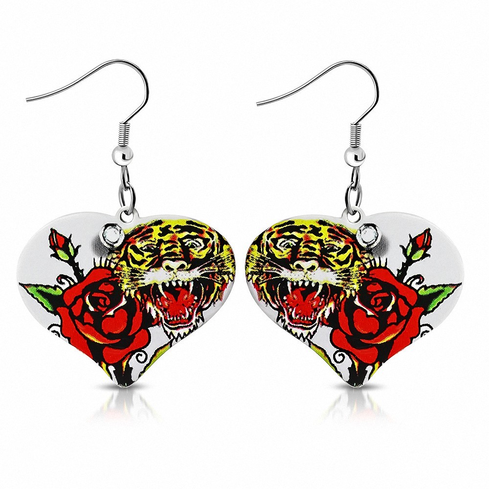 Paire de boucles d'oreilles pendantes cœur peint rose tigre chinois