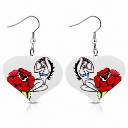 Paire de boucles d'oreilles pendantes cœur peint femme rose rouge