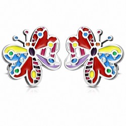 Paire de boucles d'oreilles clous en acier avec émail multicolore papillon