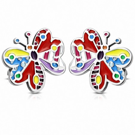 Paire de boucles d'oreilles clous en acier avec émail multicolore papillon