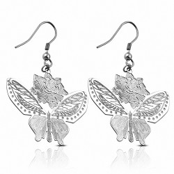 Paire de boucles d'oreilles pendantes avec rose et papillon