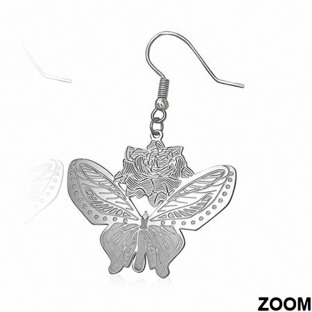 Paire de boucles d'oreilles pendantes avec rose et papillon