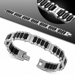Bracelet homme acier et cylindres noirs caoutchouc 20 cm x 12 mm
