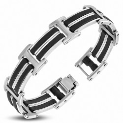 Bracelet hommes maillons acier en I avec caoutchouc noir 20 cm x 16 mm