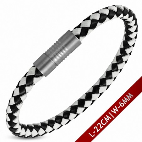 Bracelet en cuir tressé noir et blanc fermeture magnétique 22 cm x 6 mm