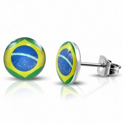 Paire de boucles d'oreilles clous en acier drapeau Brésil