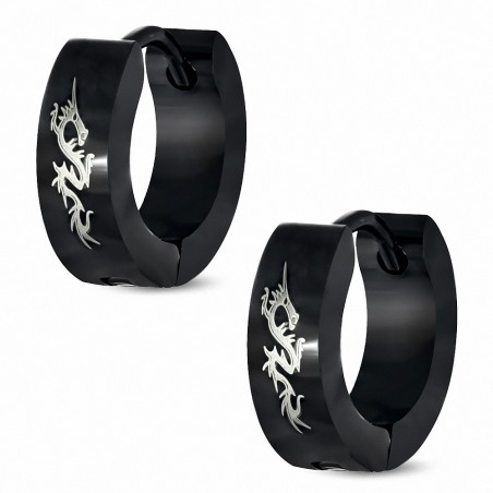 Paire de boucles d'oreilles anneaux en acier noir dragon chinois