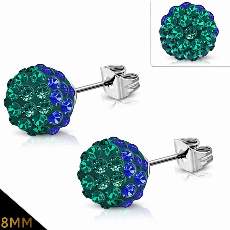 Paire de boucles d'oreilles clous boule disco shamballa bleu vert