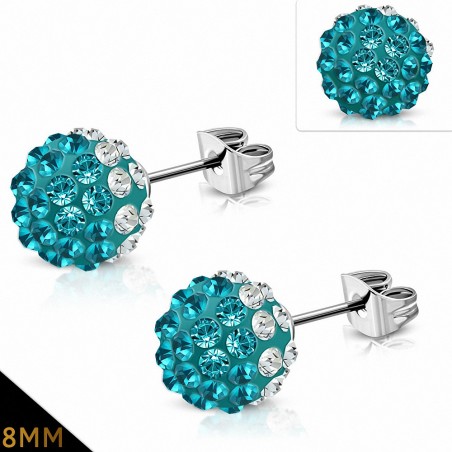 Paire de boucles d'oreilles clous boule disco shamballa aigue marine