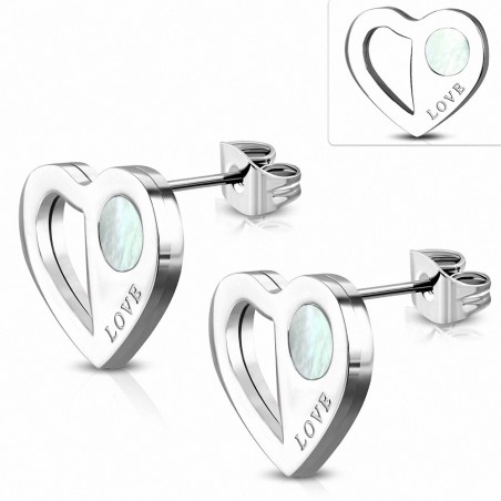 Paire de boucles d'oreilles clous en acier coeur avec nacre