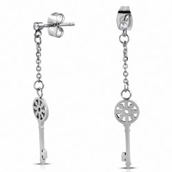 Paire de boucles d'oreilles clous en acier pendantes avec clé florale