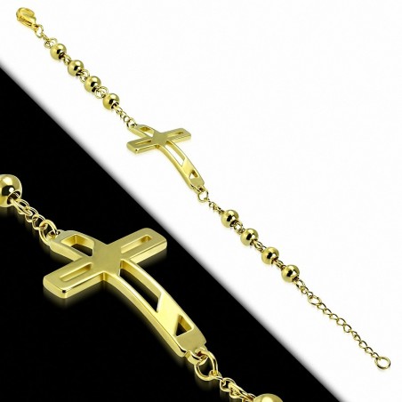 Bracelet chaine maillon boule en acier inoxydable doré avec croix en acier inoxydable de style horloger