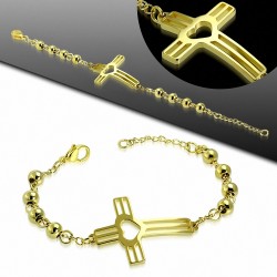 Bracelet chaine maillons en forme de perles en forme de coeur en acier inoxydable doré avec coeur en forme de croix latine