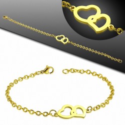 Bracelet chaîne à maillons style montre acier inoxydable doré double coeur ouvert double cœur