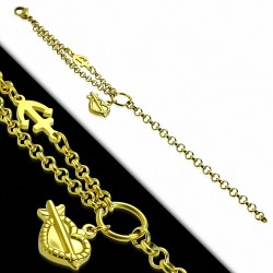 Bracelet chaine maillon marine avec pendentif coeur en acier inoxydable plaqué de couleur d'or