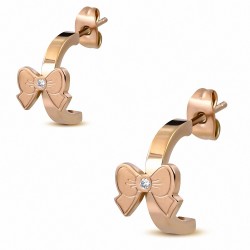 Boucles d'oreilles demi-créoles avec rubans en acier inoxydable plaqué de couleur d'or rose / rose avec CZ transparent (paire)