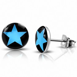 10mm | Boucles d'oreilles clous Blue étoile Circle en acier inoxydable 3 tons (paire)