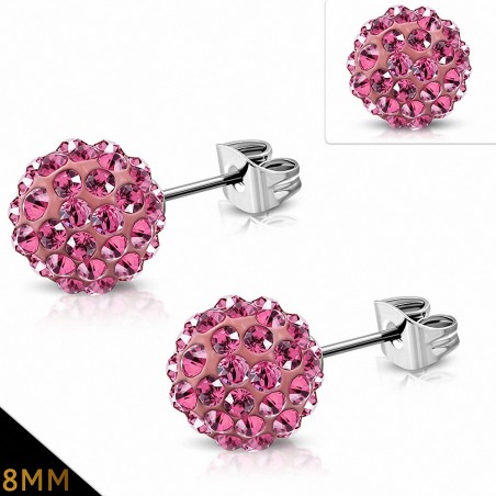 8mm | Boucles d'oreilles Shamballa acier inoxydable Argil Disco Ball avec Rose CZ Rose (paire)