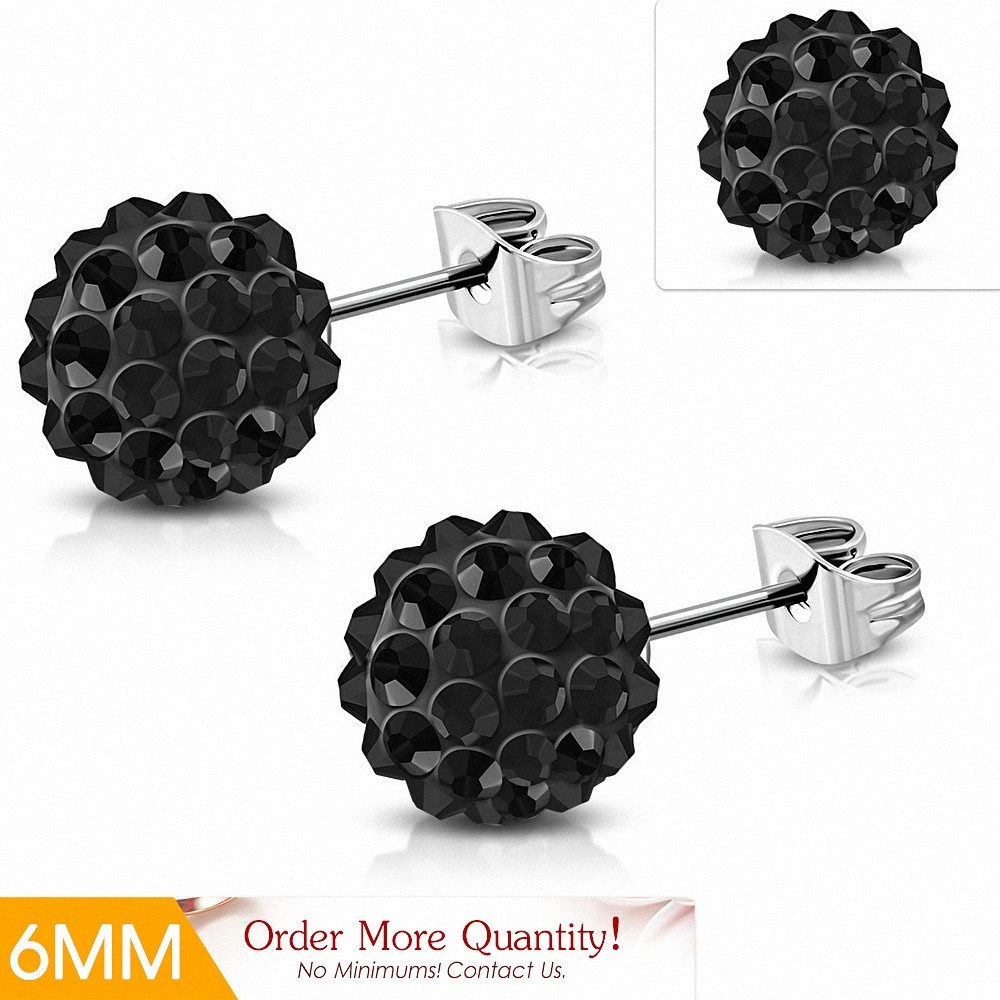 6mm | Boucles d'oreilles Shamballa en acier inoxydable Argil Disco Ball avec Jet CZ noir (paire)