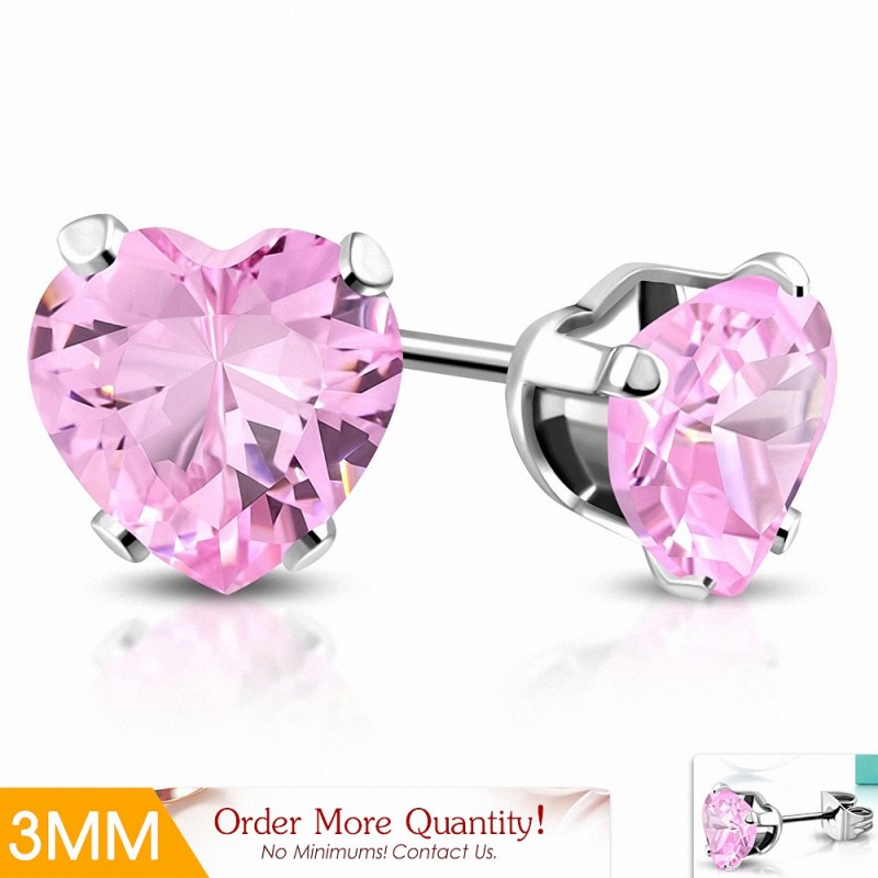 3mm | Boucles d'oreilles en forme de coeur en forme de coeur en acier inoxydable avec coeur rose / rose CZ (paire)