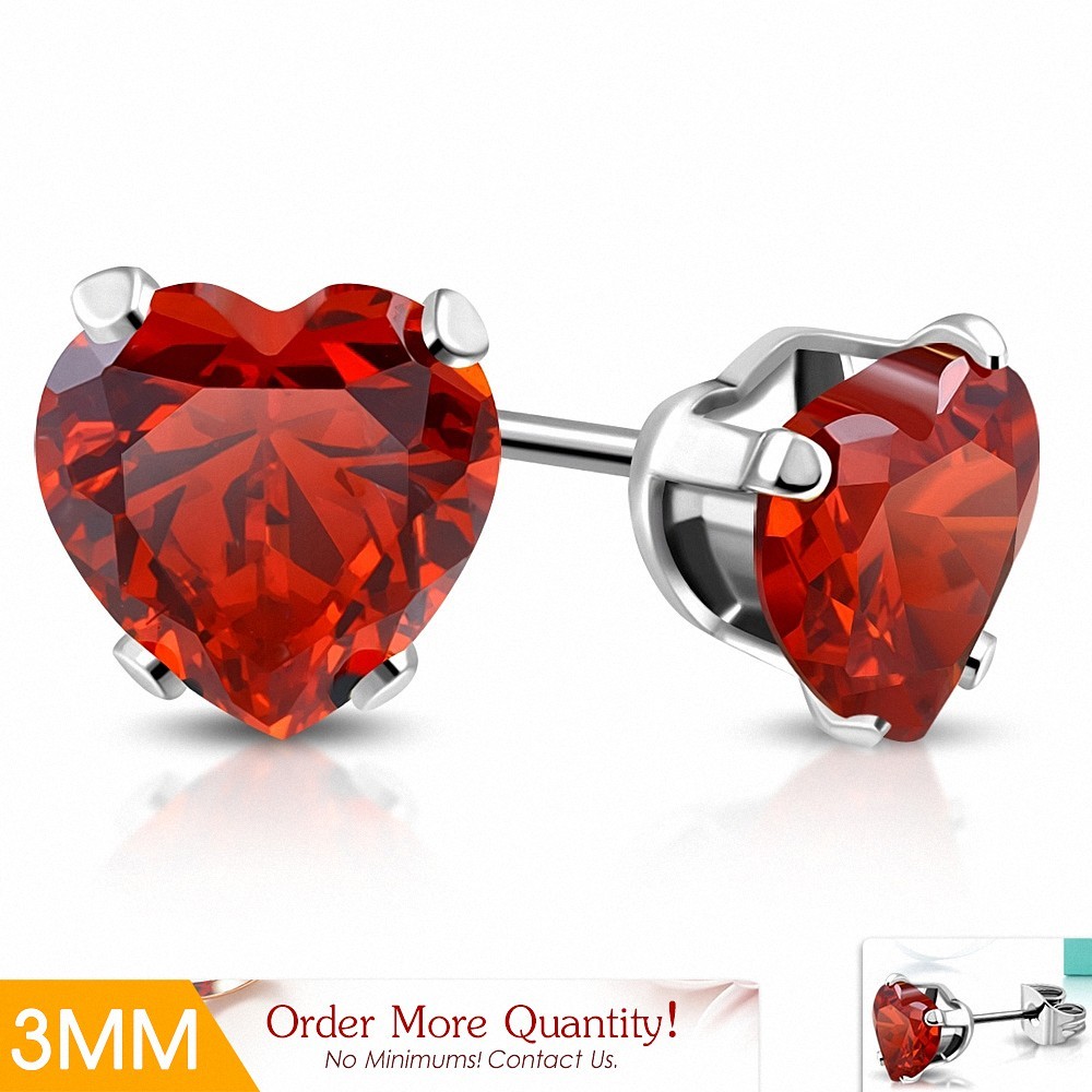 3mm | Boucles d'oreilles en forme de coeur en forme de coeur en acier inoxydable avec coeur - SiRY rouge CZ (paire)
