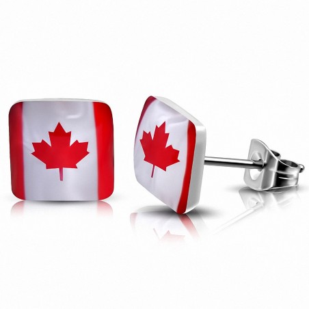 7mm | Acier Inoxydable Drapeau Du Canada carré Boucles d'oreilles clous (Paire)