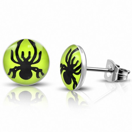 7mm | Boucles d'oreilles clous cercle ajouré araignée citron vert 3 tons en acier inoxydable (la paire)