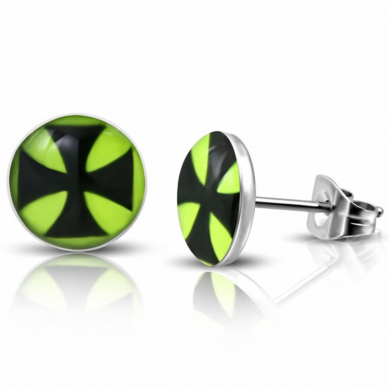 7mm | Boucles d'oreilles en acier inoxydable à 3 tons avec cercle croisé vert et pattee (Paire)