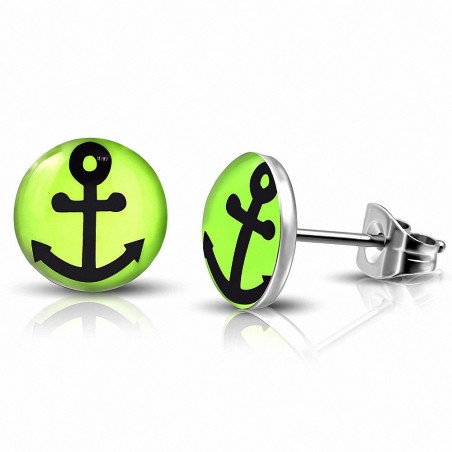 7mm | Boucles d'oreilles clous en acier inoxydable 3 tons marines avec cercle vert (Paire)