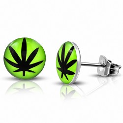 7mm | Boucles d'oreilles clous cercle Cercle Vert Cercle Vert Feuille d'érable / Marijuana Ganja en acier inoxydable (Paire)