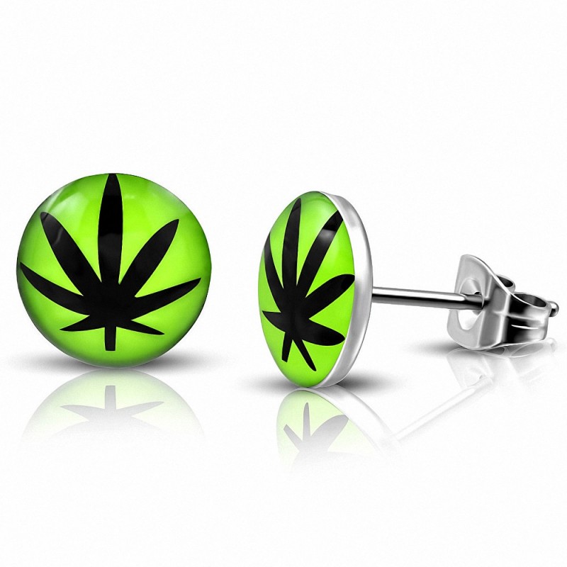 7mm | Boucles d'oreilles clous cercle Cercle Vert Cercle Vert Feuille d'érable / Marijuana Ganja en acier inoxydable (Paire)