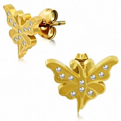 Boucles d'oreilles papillon fantaisie en acier inoxydable plaqué en couleur doré avec CZ transparent (paire)