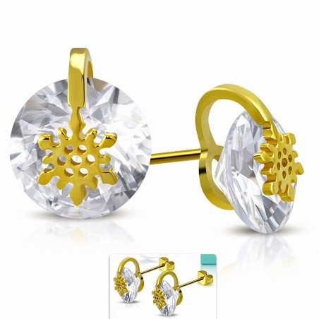 Boucles d'oreilles en forme de fleur en flocon de neige en acier inoxydable doré avec  Clear CZ (paire)