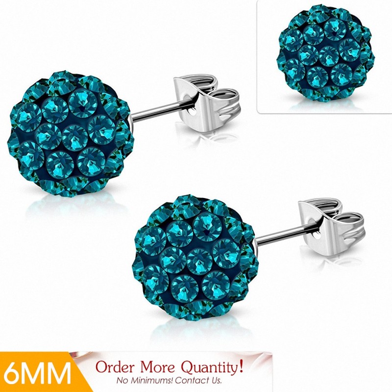 6mm | Boucles d'oreilles Shamballa en acier inoxydable Argil Disco Ball avec Zircon CZ bleu (paire)