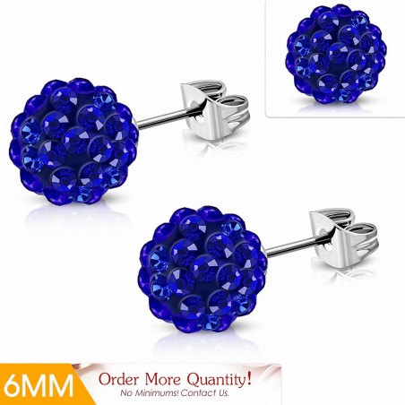 6mm | Boucles d'oreilles Shamballa en acier inoxydable Argil Disco Ball avec Blue CZ Capri (paire)