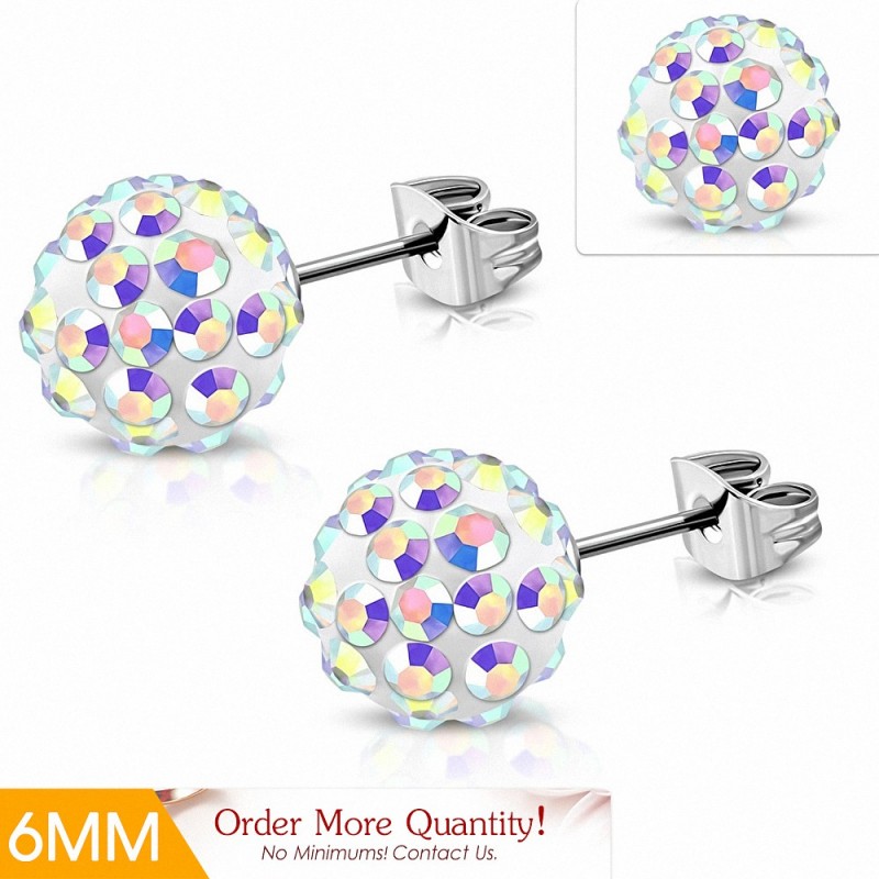 6mm | Boucles d'oreilles Shamballa en acier inoxydable Argil Disco Ball avec Aurore Boreale CZ (paire)