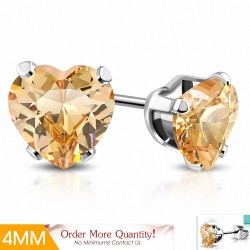 4mm | Boucles d'oreilles en forme de coeur en acier inoxydable avec cœur d'amour avec topaze CZ (paire)