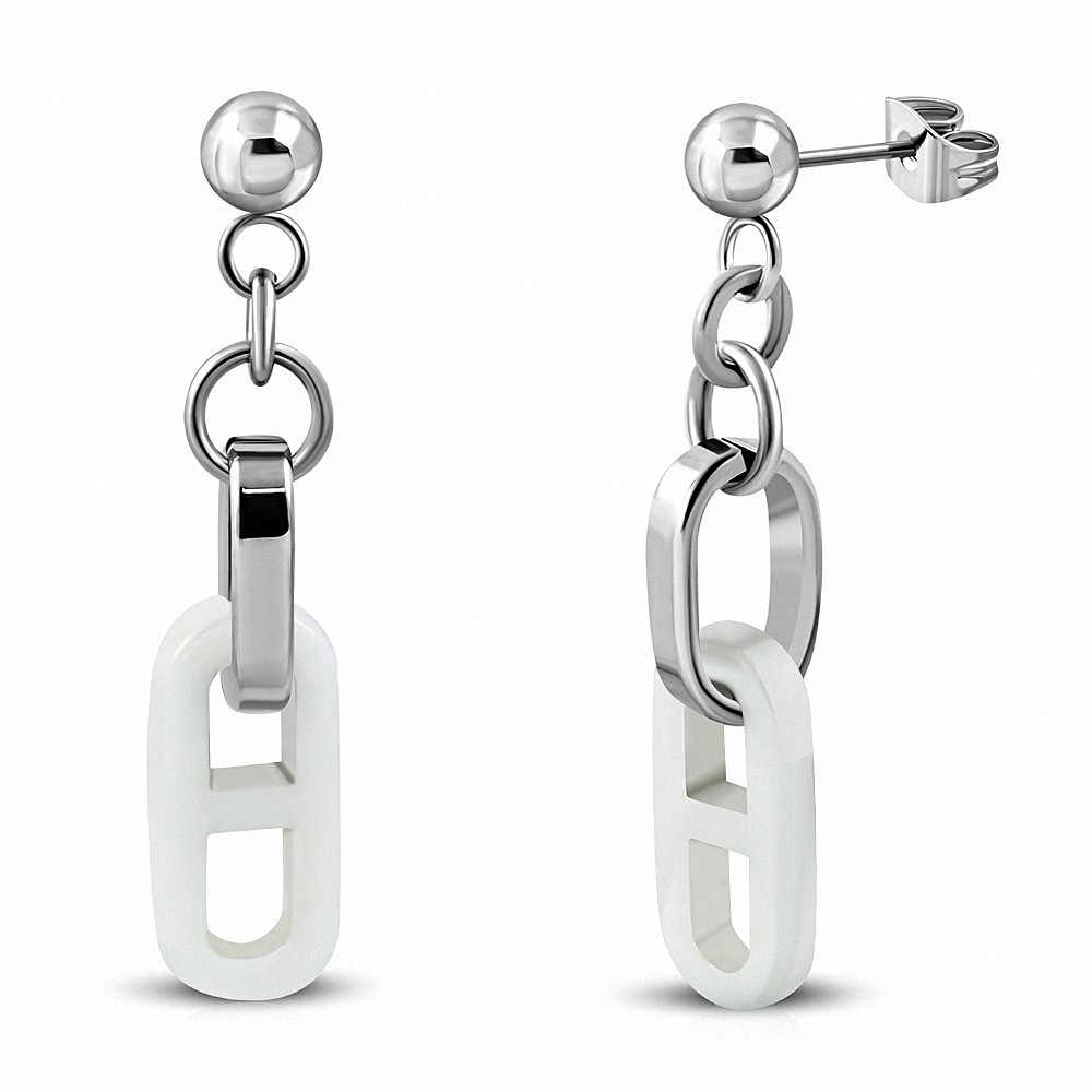 Boucles d'oreilles acier inoxydable à long pendant en céramique ovale blanche (paire)